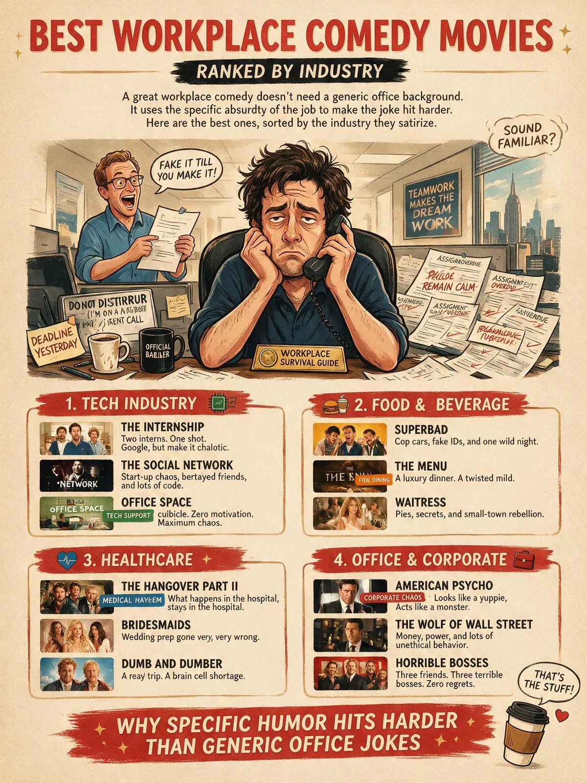 An exhausted office worker at a cluttered desk beneath a teamwork poster, titled Best Workplace Comedy Movies Ranked by Industry.
