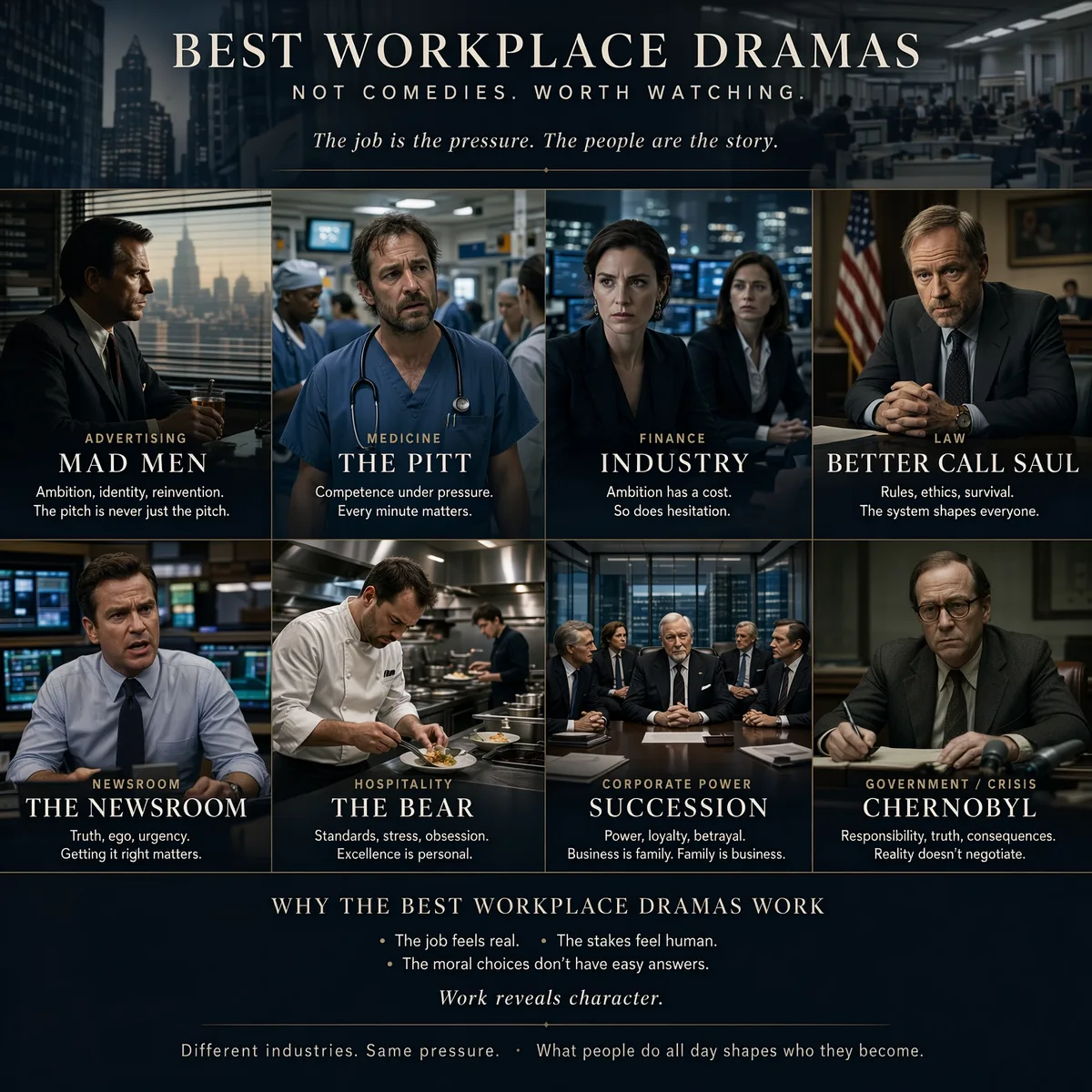 Best Workplace Dramas Not Comedies infographic sorted by industry: Mad Men (advertising), The Pitt (medicine), Industry (finance), Better Call Saul (law), The Bear (hospitality), Succession (corporate power), and Chernobyl (government/crisis).