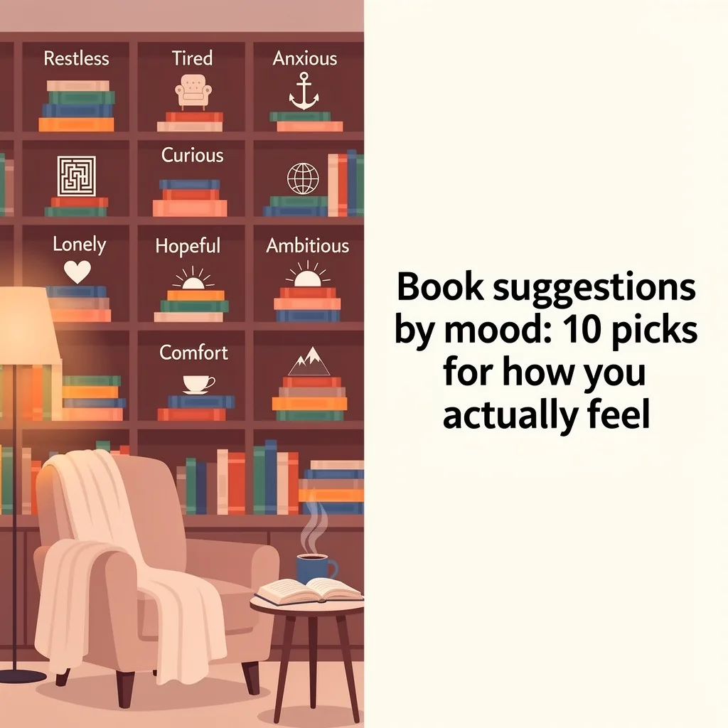 An illustration titled Book suggestions by mood: 10 picks for how you actually feel showing bookshelves organized by feelings such as Restless, Tired, Anxious, Curious, Lonely, Hopeful, Comfort, and Ambitious.