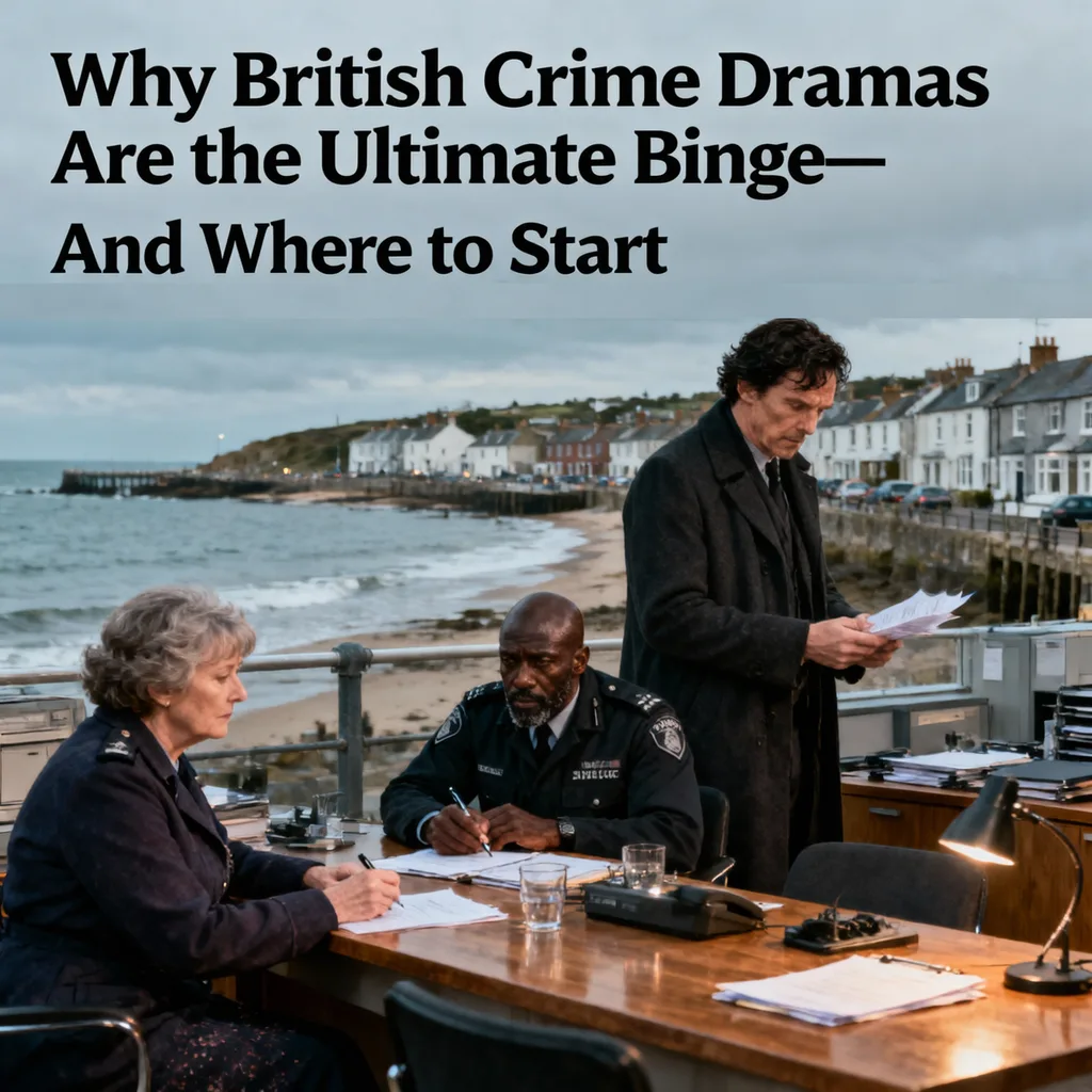Why British Crime Dramas Are the Ultimate Binge—And Where to Start: three detectives reviewing case files in an office overlooking a UK coastal town and pier.