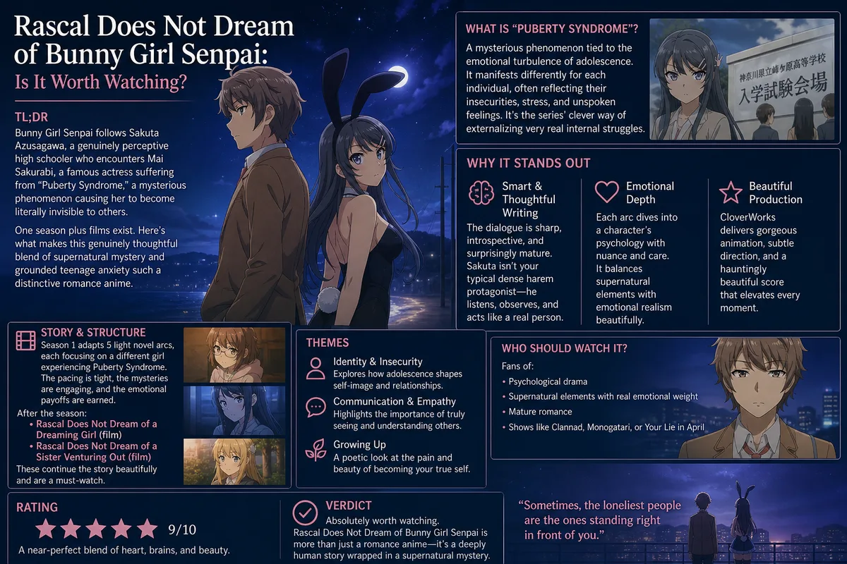 Rascal Does Not Dream of Bunny Girl Senpai cover art of Sakuta and Mai standing together under a full moon, titled Is It Worth Watching, 9 out of 10.