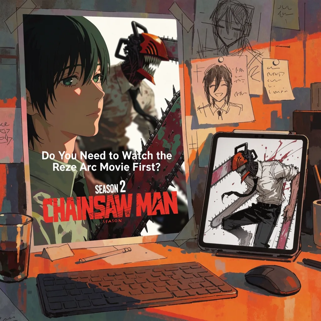 Chainsaw Man Season 2 watch order hero image: a desk scene with the Season 2 poster asking Do You Need to Watch the Reze Arc Movie First, next to concept sketches and a tablet.