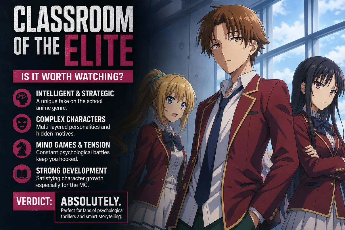 Classroom of the Elite cover art of Kiyotaka, Suzune and Kikyo in their academy uniforms, titled Is It Worth Watching.