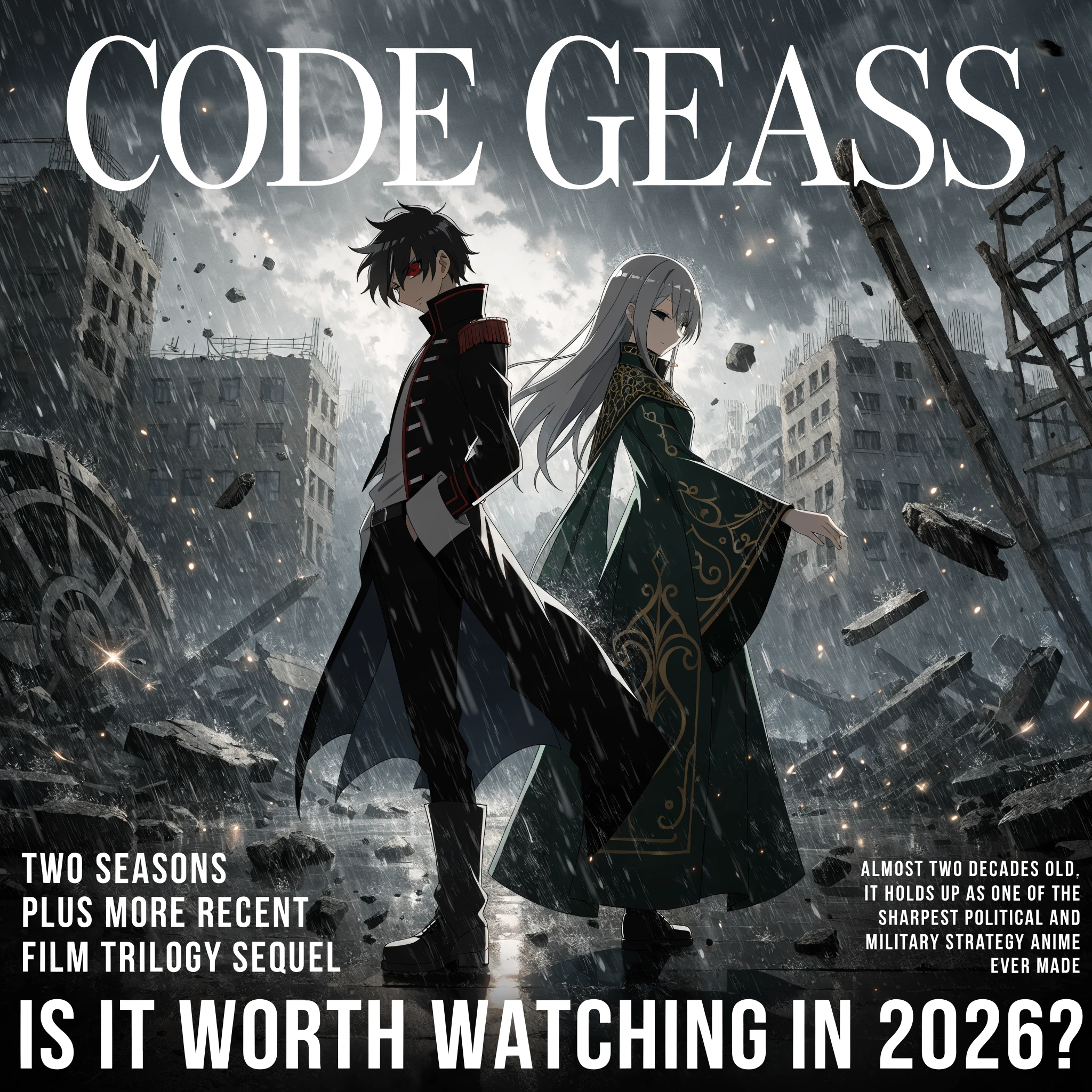Code Geass: Is It Worth Watching guide visual showing Lelouch vi Britannia with his glowing Geass eye and Zero mask against a chessboard backdrop.