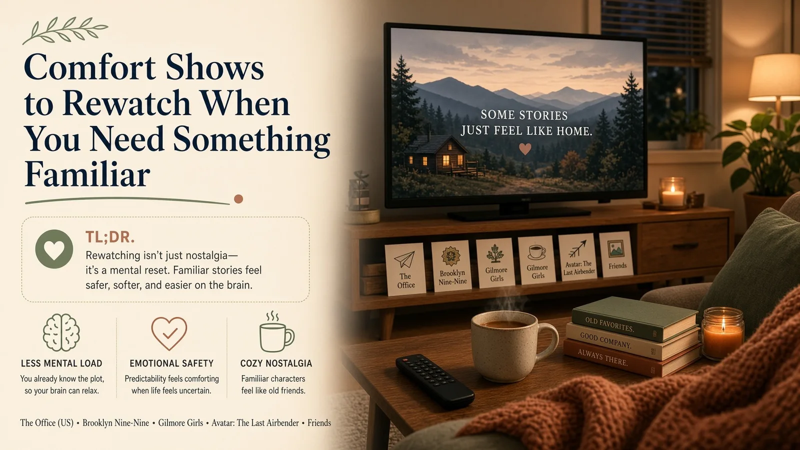 Comfort Shows to Rewatch infographic showing a cozy living room with a TV displaying 'Some stories just feel like home' next to show cards for The Office, Brooklyn Nine-Nine, Gilmore Girls, Avatar, and Friends.
