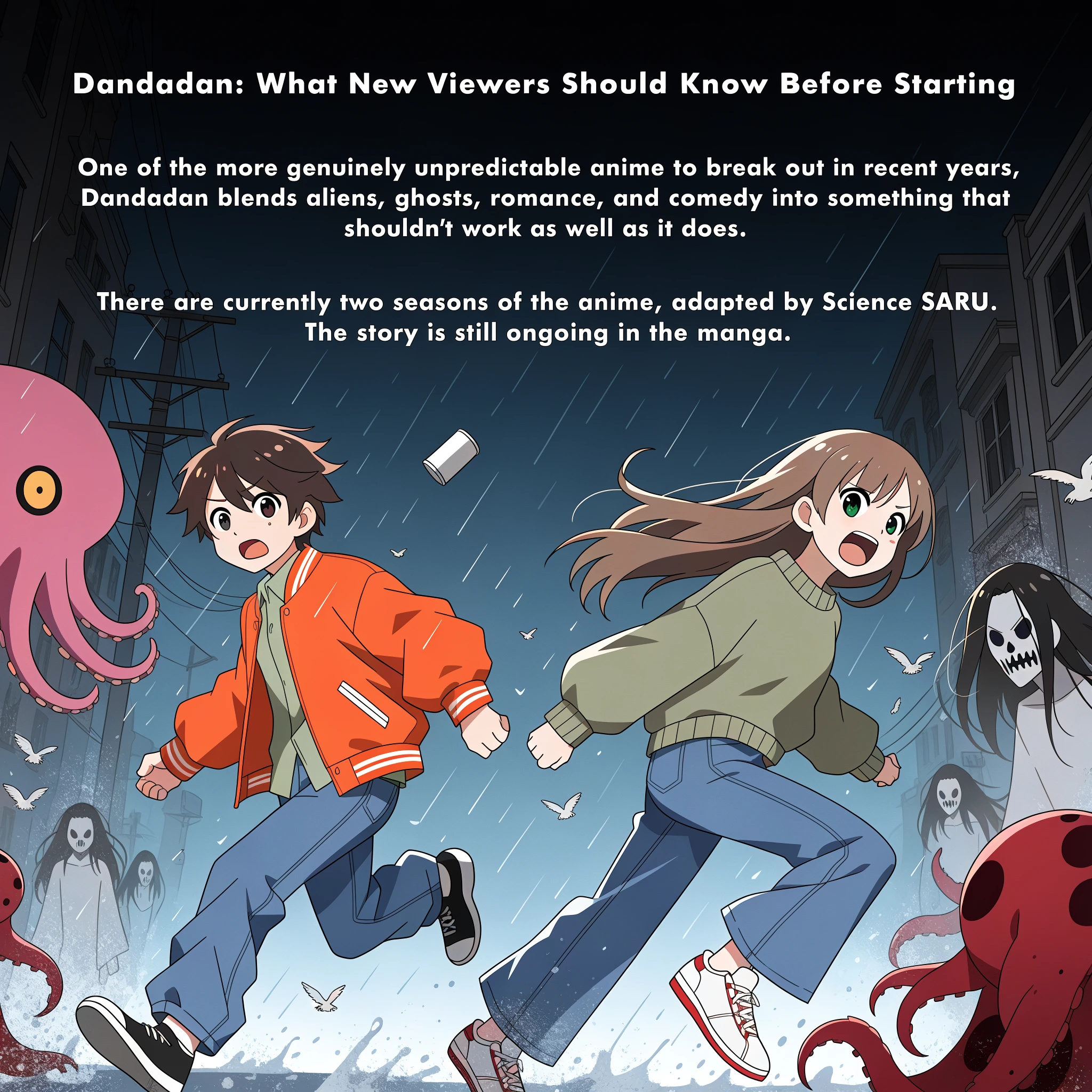 Dandadan Newcomer Guide visual featuring Momo and Okarun surrounded by glowing occult spirits, alien ships, and kinetic manga speedlines.