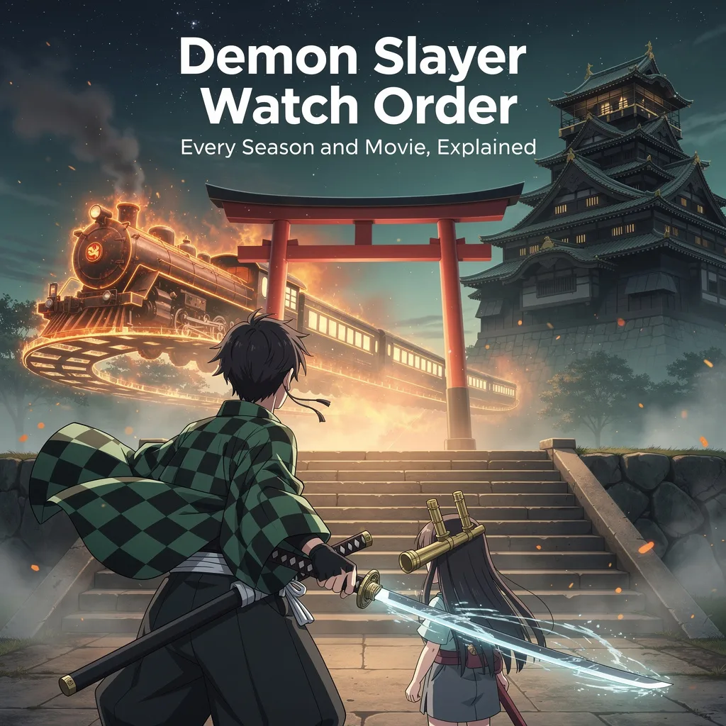 Demon Slayer watch order artwork showing Tanjiro and Nezuko before a torii gate with the burning Mugen Train and the Infinity Castle behind them.