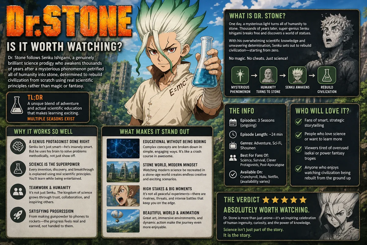 Dr. Stone cover art of Senku Ishigami holding a beaker in front of a stone-statue cityscape, titled Is It Worth Watching, multiple seasons exist.