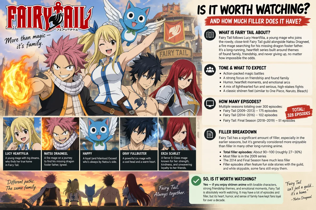 Fairy Tail cover art of Natsu, Lucy, Happy, Gray and Erza in front of the guild hall, titled Is It Worth Watching and How Much Filler Does It Have.