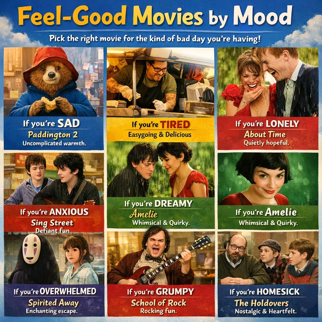 A colorful infographic titled Feel-Good Movies by Mood showing film picks for different feelings: sad (Paddington 2), tired (Chef), lonely (About Time), anxious (Sing Street), dreamy (Amélie), overwhelmed (Spirited Away), grumpy (School of Rock) and homesick (The Holdovers).