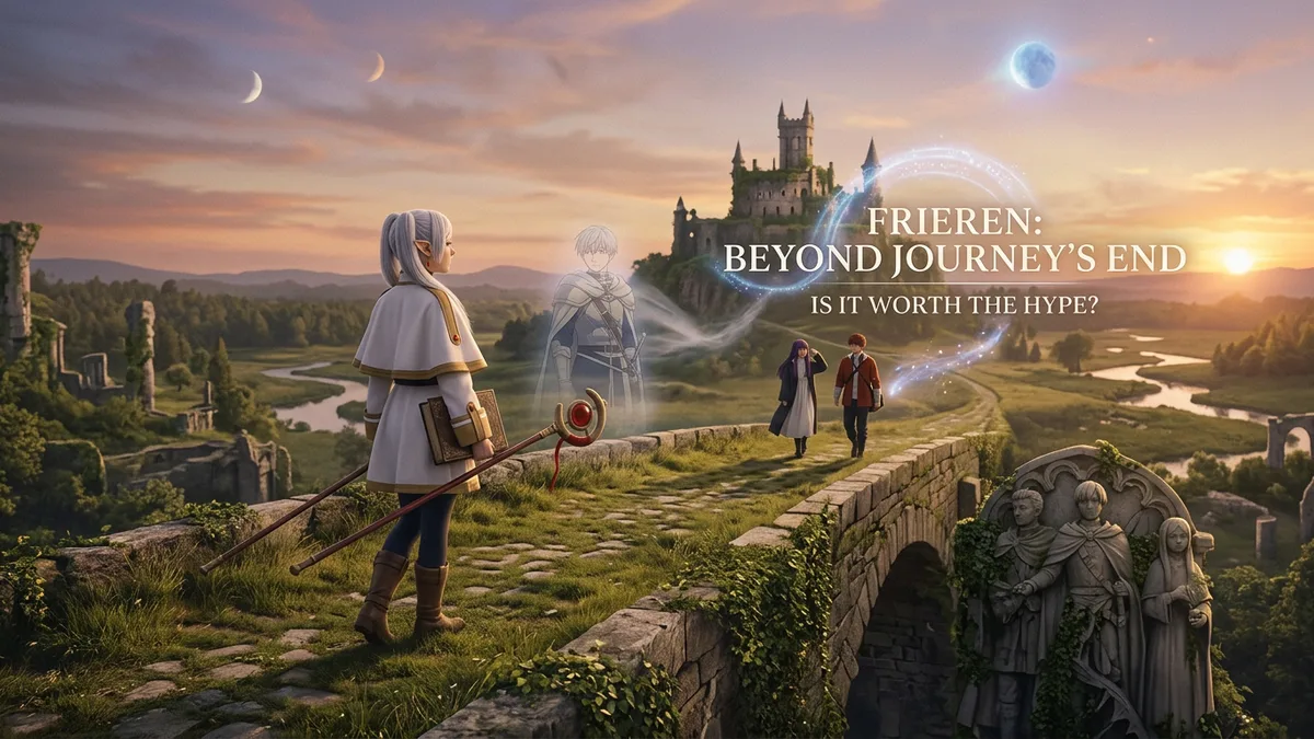 Frieren: Beyond Journey's End hero image showing Frieren on a stone bridge overlooking a castle, with Fern and Stark walking behind her, text asking Is It Worth the Hype?