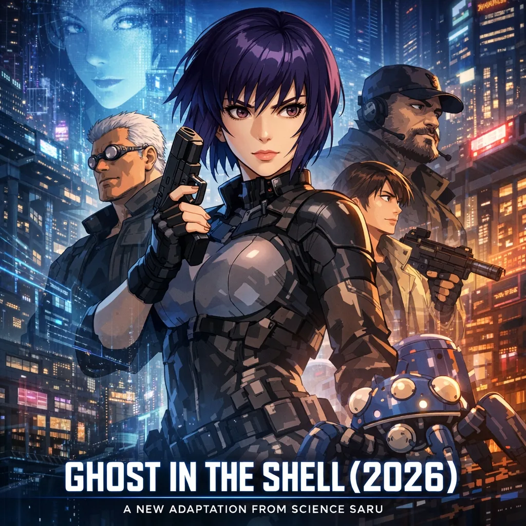 Ghost in the Shell 2026 anime poster concept featuring Major Motoko Kusanagi and Section 9 against futuristic neon cybernetic city by Science SARU.