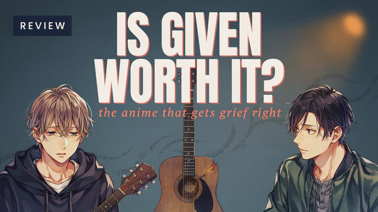 Given cover art of Mafuyu holding his guitar beside Ritsuka on a rooftop at sunset, titled Is It Worth Watching.