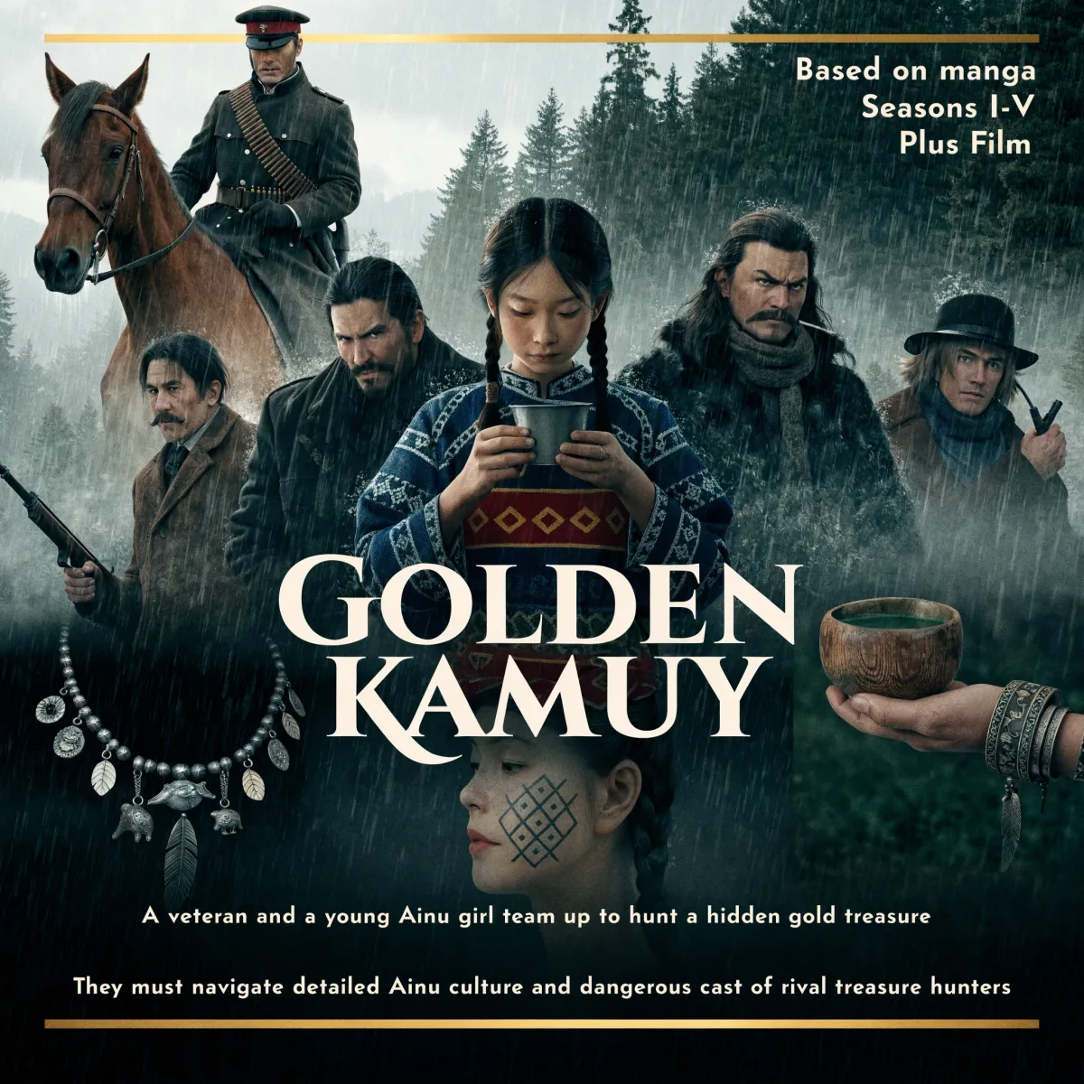 Golden Kamuy cover art of Sugimoto, Asirpa and the ensemble cast in the rain-soaked Hokkaido wilderness, titled Is It Worth Watching.