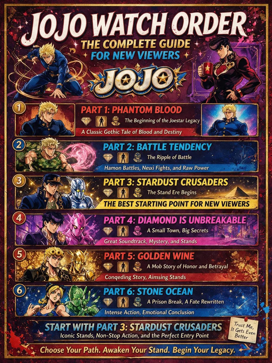 JoJo's Bizarre Adventure watch order infographic listing all six anime Parts, from Phantom Blood through Stone Ocean, with Part 3: Stardust Crusaders marked as the best starting point.