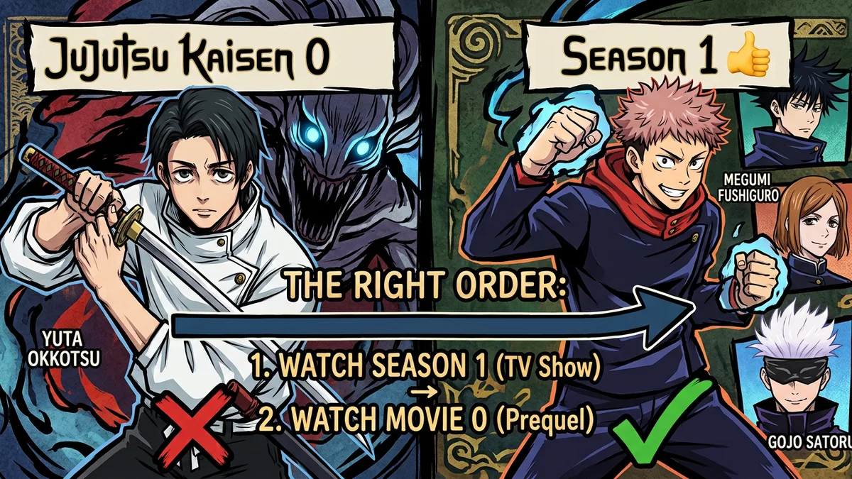 Jujutsu Kaisen 0 watch order graphic showing Yuta Okkotsu on the left marked with a red X and Season 1's Yuji Itadori on the right marked with a green check, with an arrow reading 'The right order: 1. Watch Season 1, 2. Watch Movie 0'.
