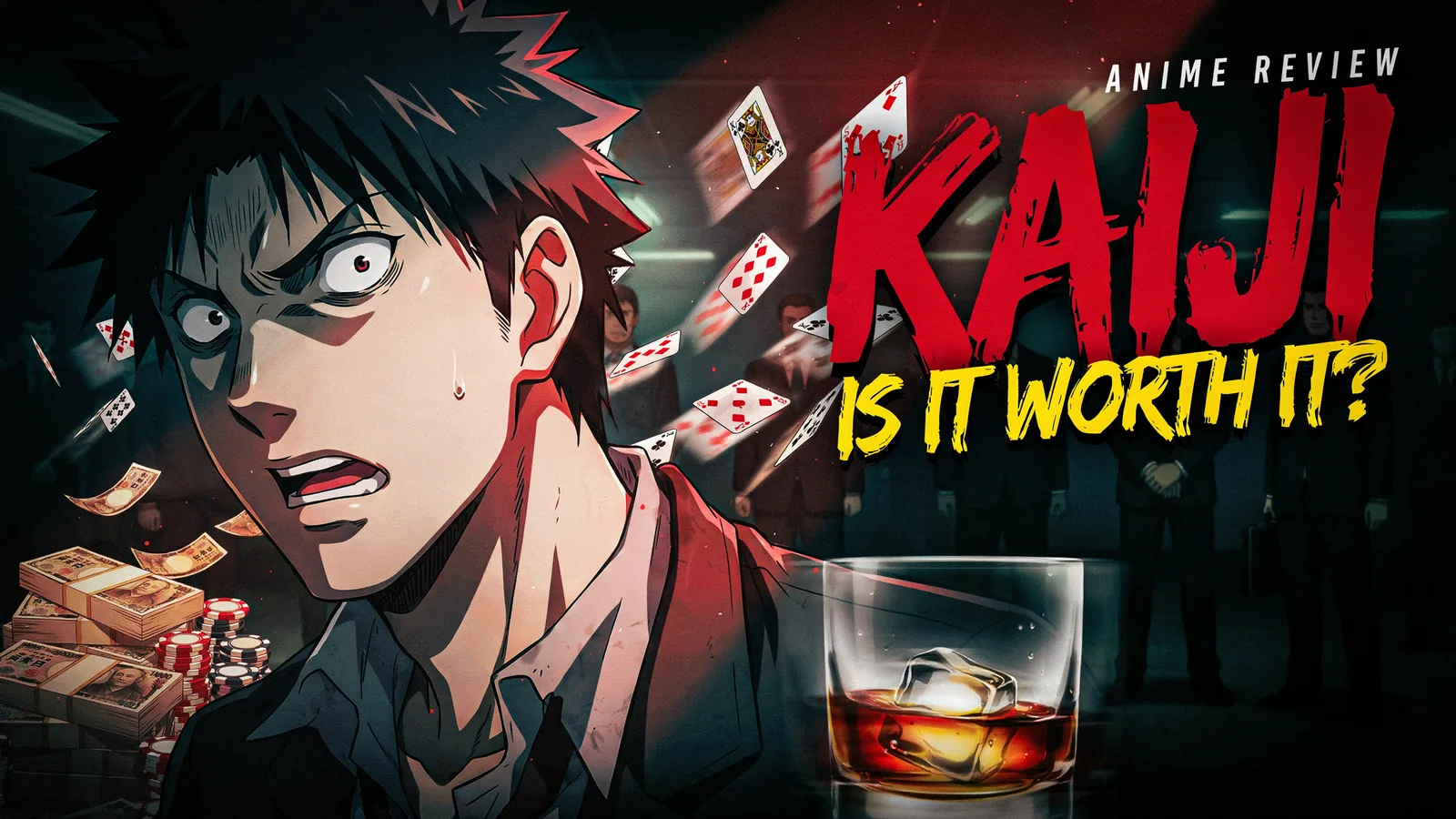 Kaiji cover art of Kaiji Itou sweating over a high-stakes card game aboard the gambling cruise, titled Is It Worth Watching.