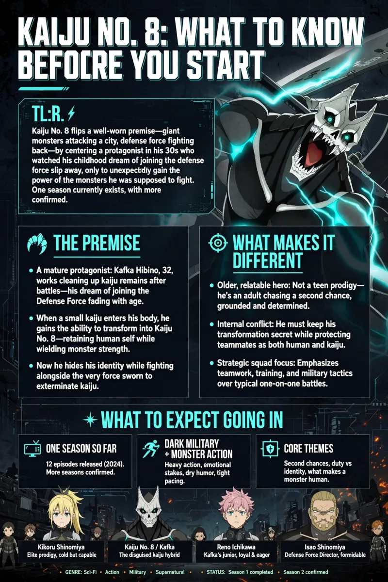 Kaiju No. 8: What to Know Before You Start infographic covering the premise, Kafka Hibino's transformation, and what makes the show different.