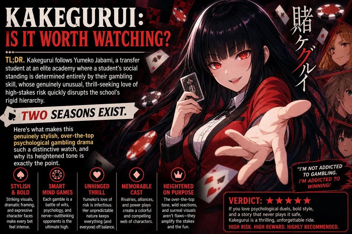 Kakegurui cover art of Yumeko Jabami tossing a playing card amid falling poker chips, titled Is It Worth Watching, two seasons exist.
