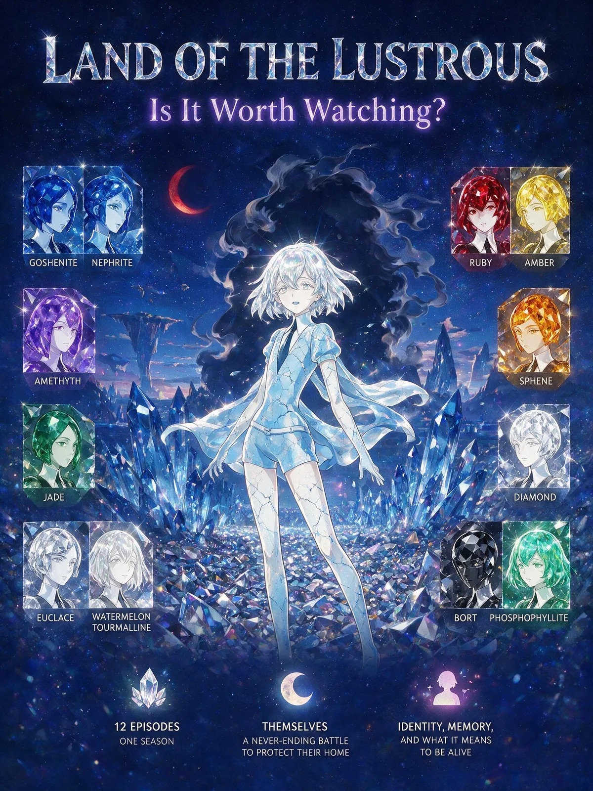 Land of the Lustrous cover art of Phosphophyllite among the crystalline gem cast, titled Is It Worth Watching.
