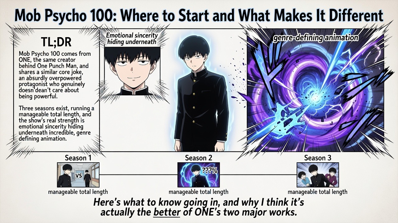 Mob Psycho 100 guide visual featuring Shigeo Kageyama (Mob) and Reigen Arataka surrounded by psychic aura explosions and Studio Bones animation flair.