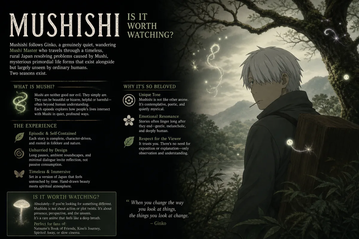 Mushishi cover art of Ginko standing beside a riverbank at dusk surrounded by glowing Mushi spirits, titled Is It Worth Watching.