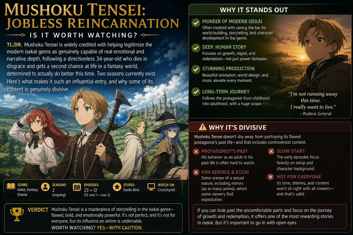 Mushoku Tensei: Jobless Reincarnation infographic featuring Rudeus and his companions, titled Is It Worth Watching, with sections on why it stands out and why it's divisive.