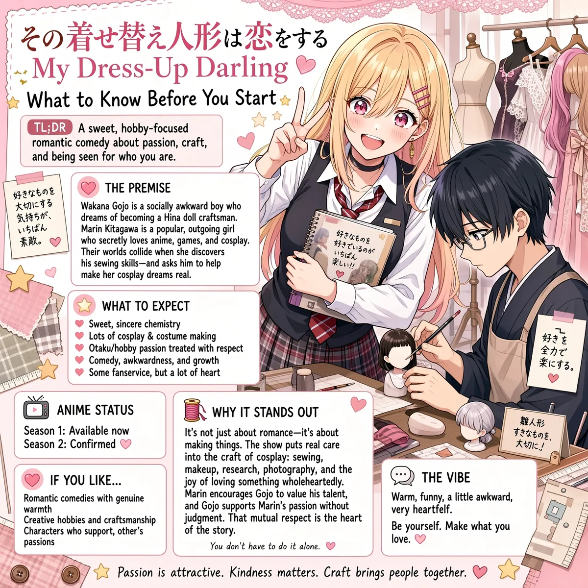 My Dress-Up Darling key art showing Marin Kitagawa holding a cosplay sketchbook beside Wakana Gojo sewing a Hina doll outfit, surrounded by fabric and craft supplies.