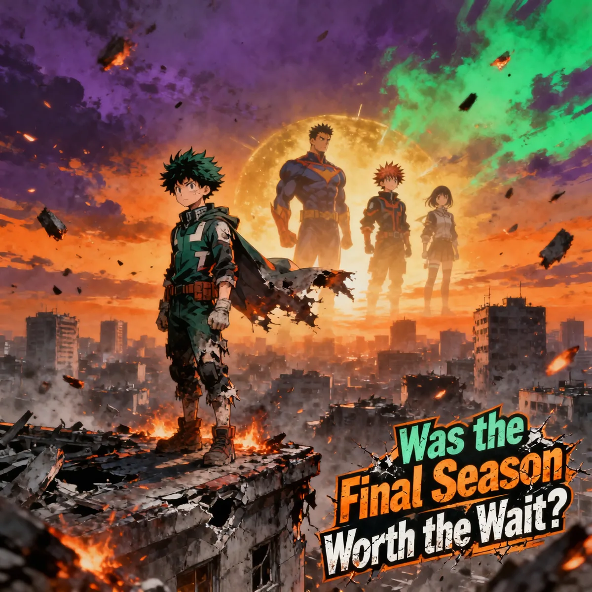 My Hero Academia's Ending hero image: Deku standing on a ruined rooftop with All Might, Bakugo, and Uraraka silhouetted against a sunset, text asking Was the Final Season Worth the Wait?