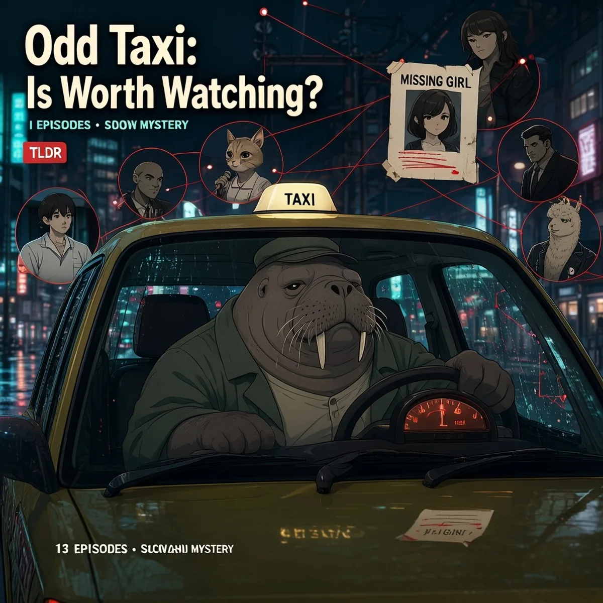 Odd Taxi cover art of Odokawa the walrus driving his taxi through neon-lit Tokyo streets beside a missing-girl poster, titled Is It Worth Watching.
