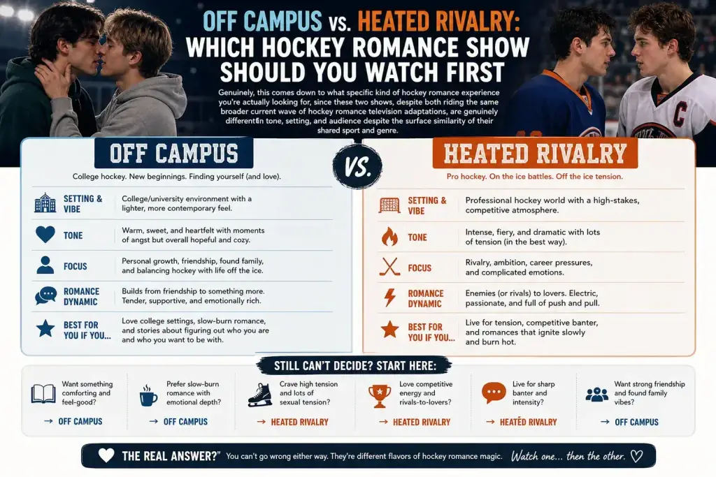 Side-by-side key art comparing Off Campus and Heated Rivalry.