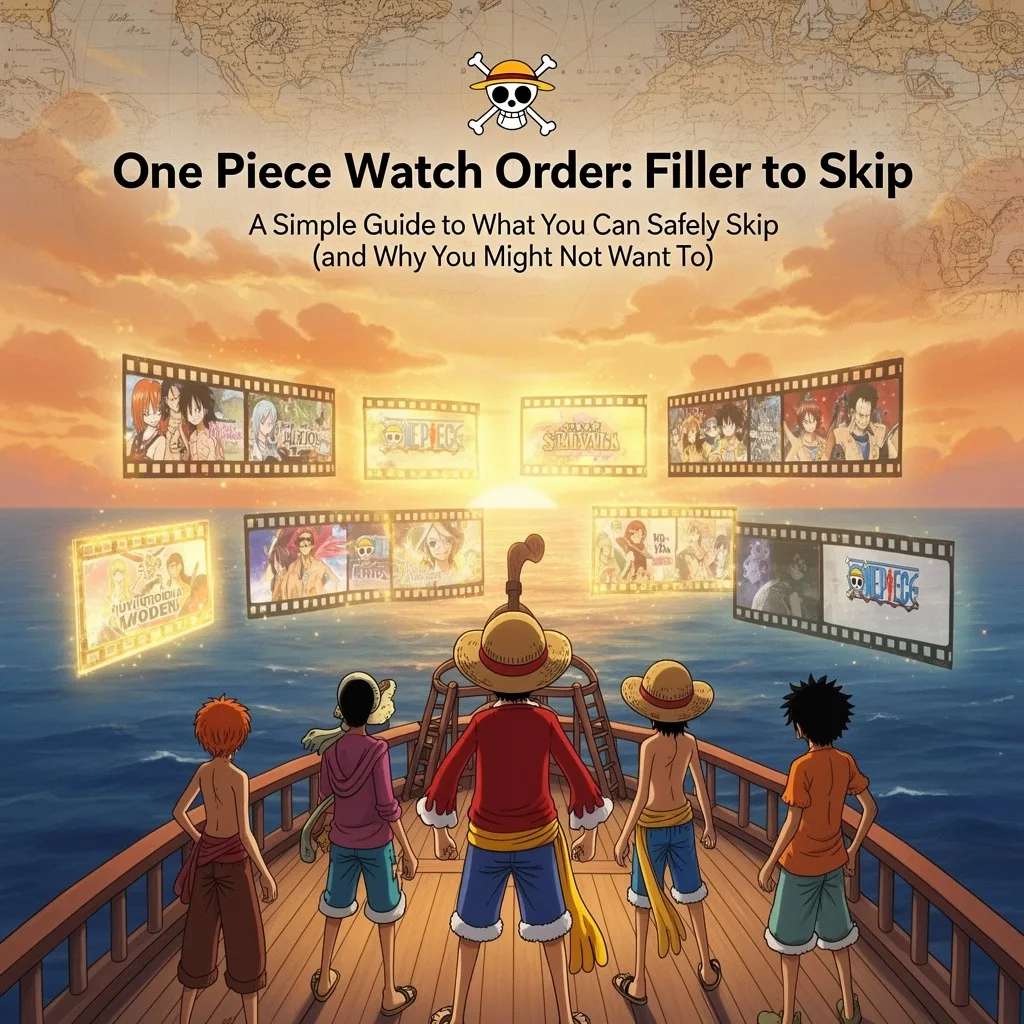 One Piece Watch Order infographic showing the Straw Hat crew looking out over the ocean at floating film-reel panels of past arcs, titled 'A Simple Guide to What You Can Safely Skip'.