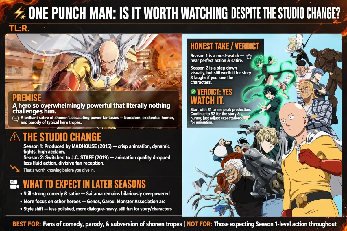 One Punch Man: Is It Worth Watching Despite the Studio Change? infographic covering the premise, the studio change, and the verdict.