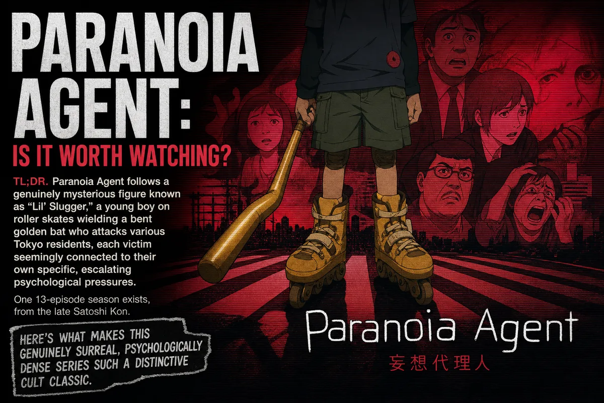 Paranoia Agent cover art of Lil' Slugger on roller skates beneath a streetlamp holding his bent golden bat, titled Is It Worth Watching.