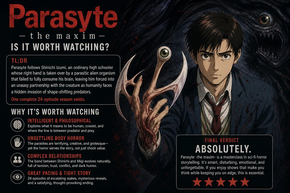 Parasyte -the maxim- cover art of Shinichi with his hand transformed into Migi's blade form, titled Is It Worth Watching, final verdict absolutely.