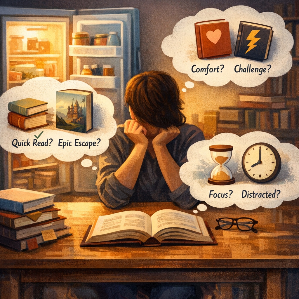An illustration of a reader sitting at a desk surrounded by books, contemplating choices like Comfort vs Challenge, Quick Read vs Epic Escape, and Focus vs Distracted.