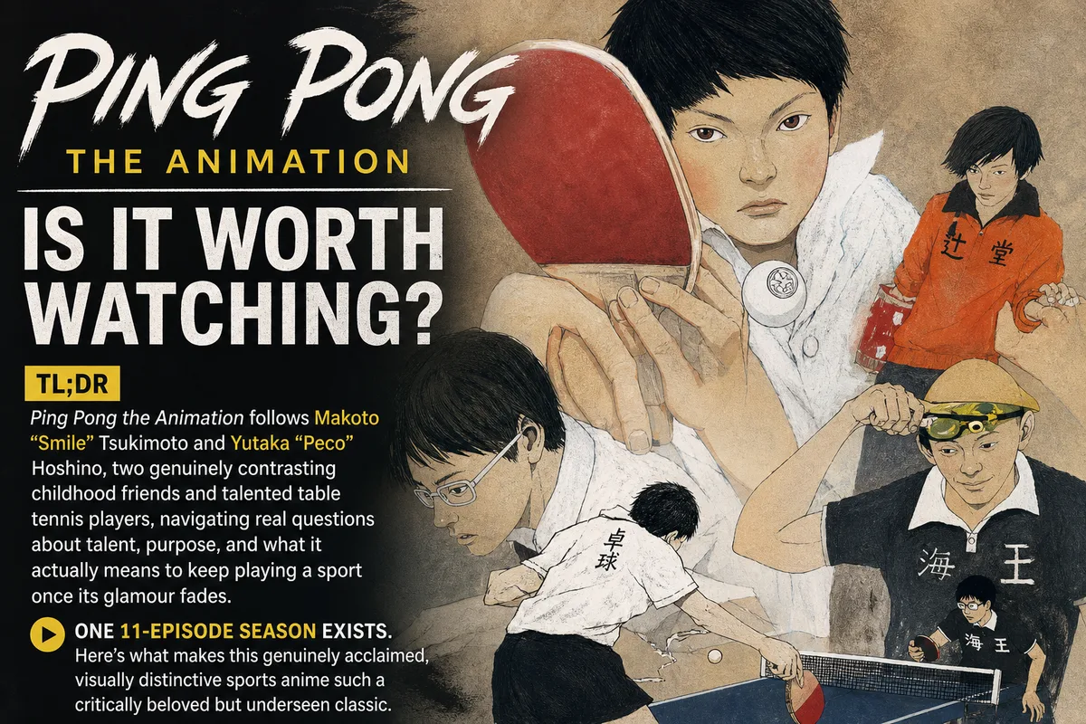 Ping Pong the Animation cover art of Smile and Peco mid-rally across a table tennis table, titled Is It Worth Watching.