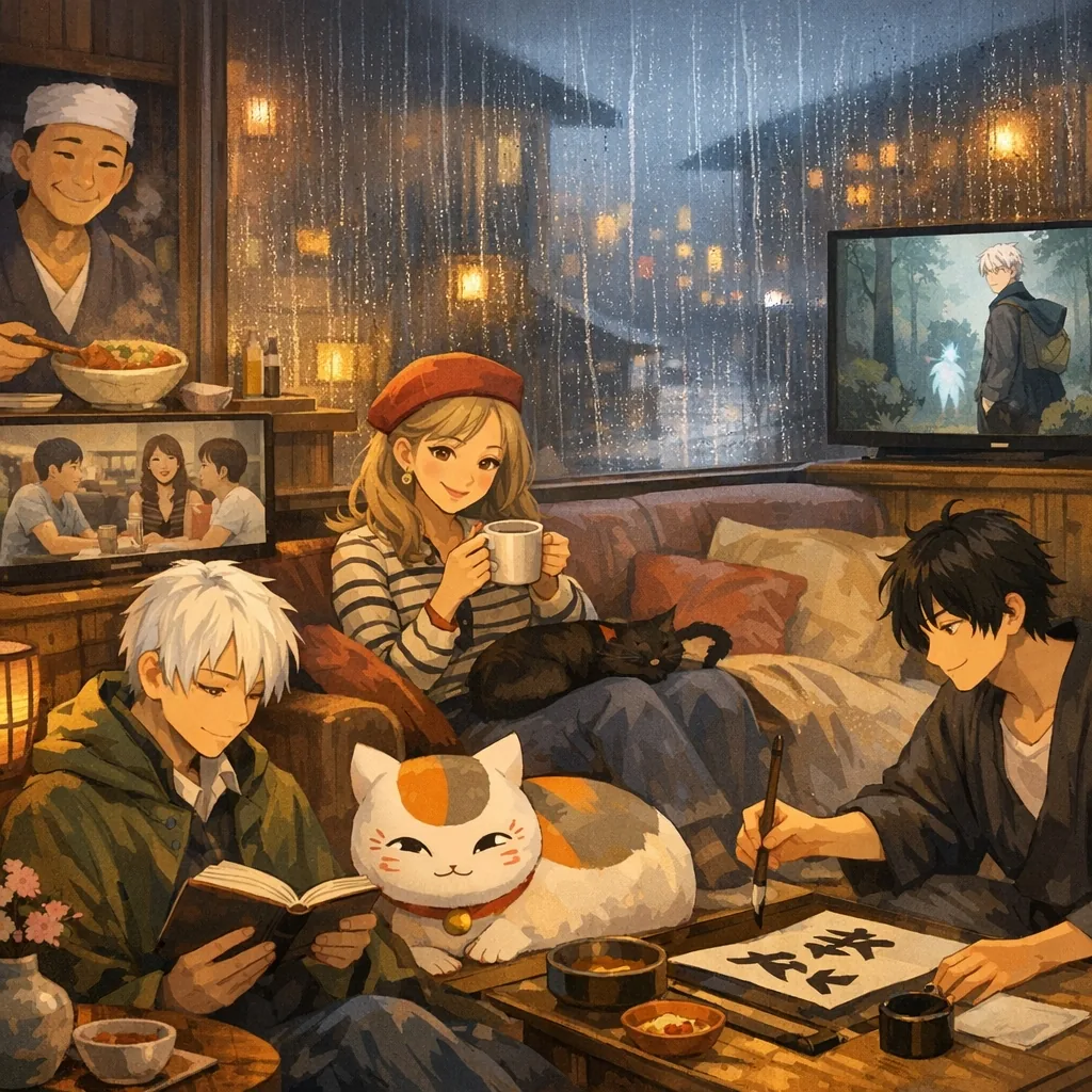 An anime-style cozy room on a rainy day with friends drinking tea, doing calligraphy, reading, and watching anime on television.