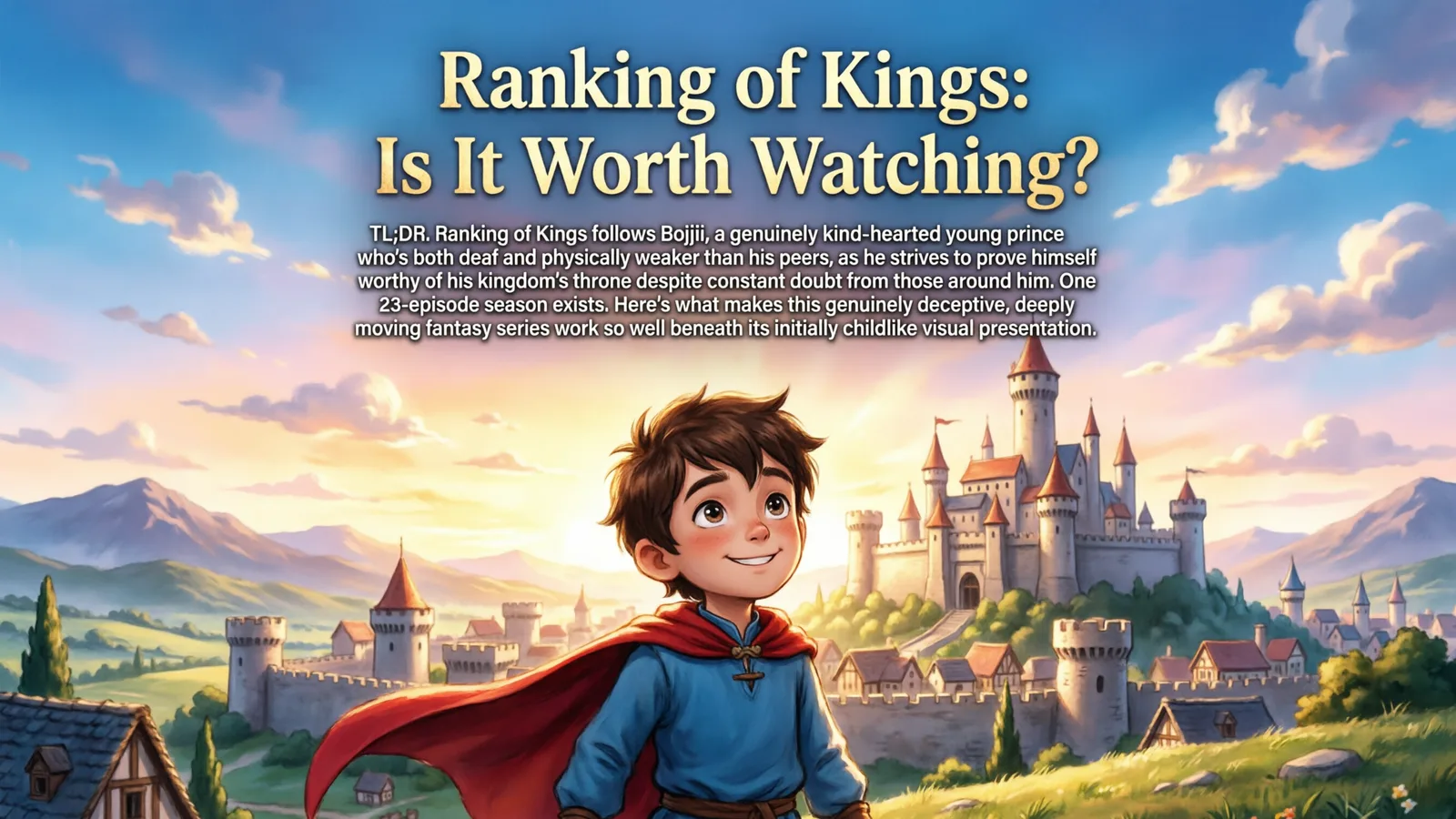 Ranking of Kings cover art of young Prince Bojji smiling before his kingdom's castle, titled Is It Worth Watching.