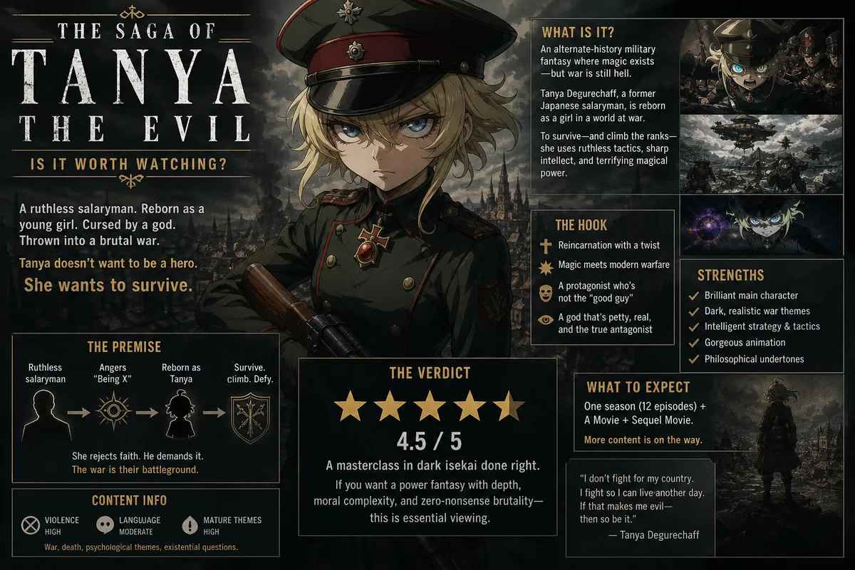 The Saga of Tanya the Evil cover art of Tanya Degurechaff in military uniform before a war-torn skyline, titled Is It Worth Watching, 4.5 out of 5.