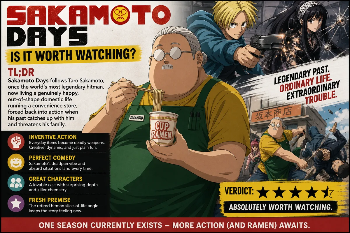 Sakamoto Days infographic featuring Taro Sakamoto eating cup ramen beside his younger assassin self and the convenience store, titled Is It Worth Watching, absolutely worth watching.