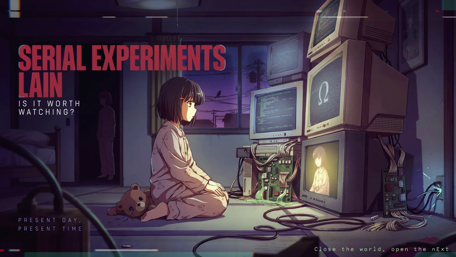 Serial Experiments Lain cover art of Lain Iwakura sitting before a stack of glitching CRT monitors, titled Is It Worth Watching, present day, present time.
