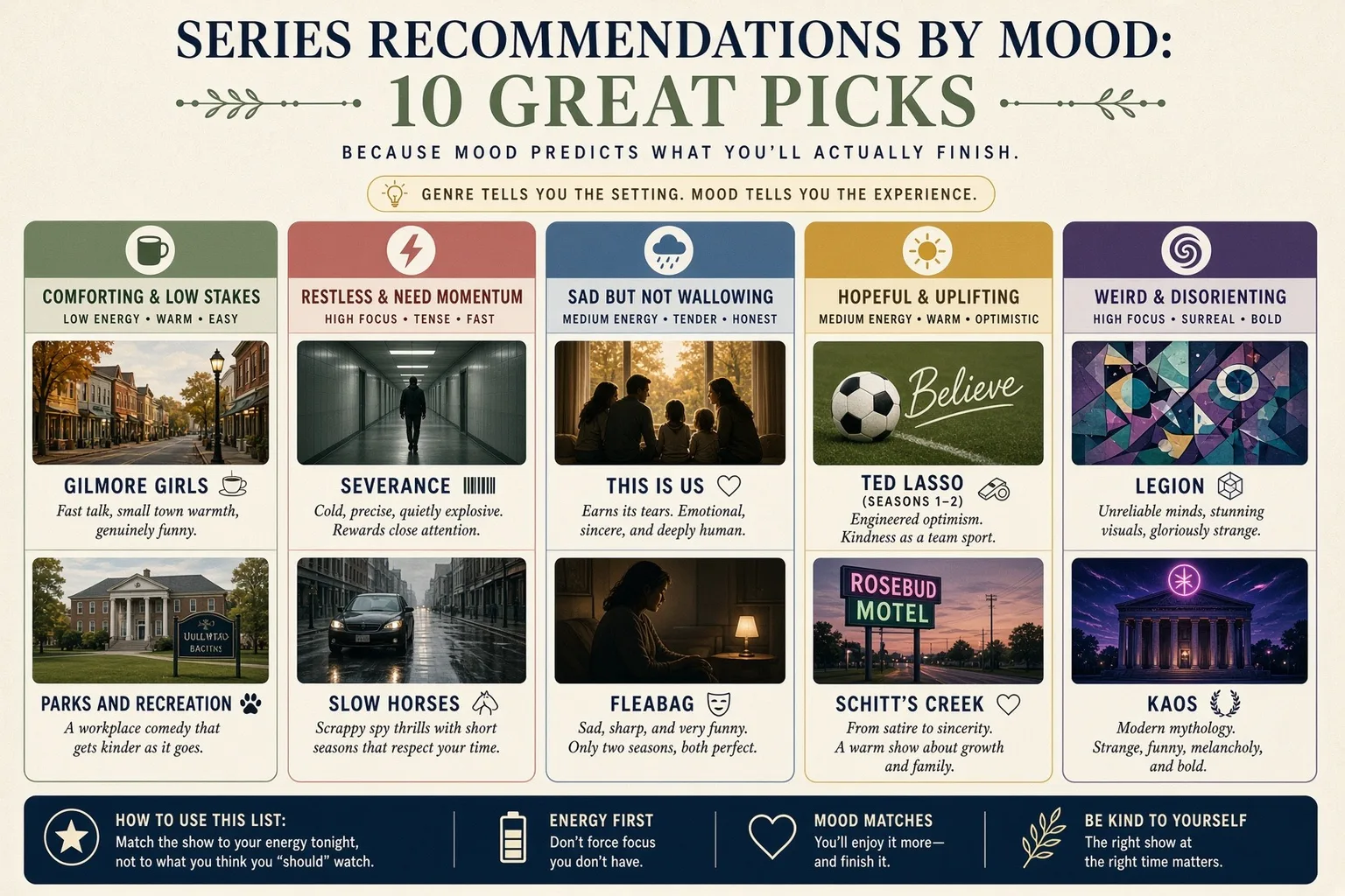 Series Recommendations by Mood infographic with five colored columns: Comforting, Restless, Sad, Hopeful, and Weird, each showing two show picks with thumbnail images.
