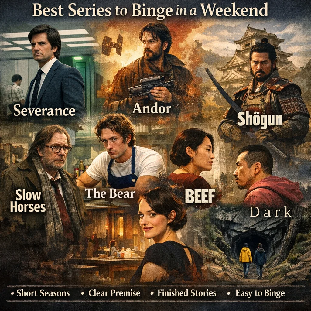 A poster titled Best Series to Binge in a Weekend featuring character portraits from Severance, Andor, Shogun, Slow Horses, The Bear, Beef, Dark, and Fleabag.