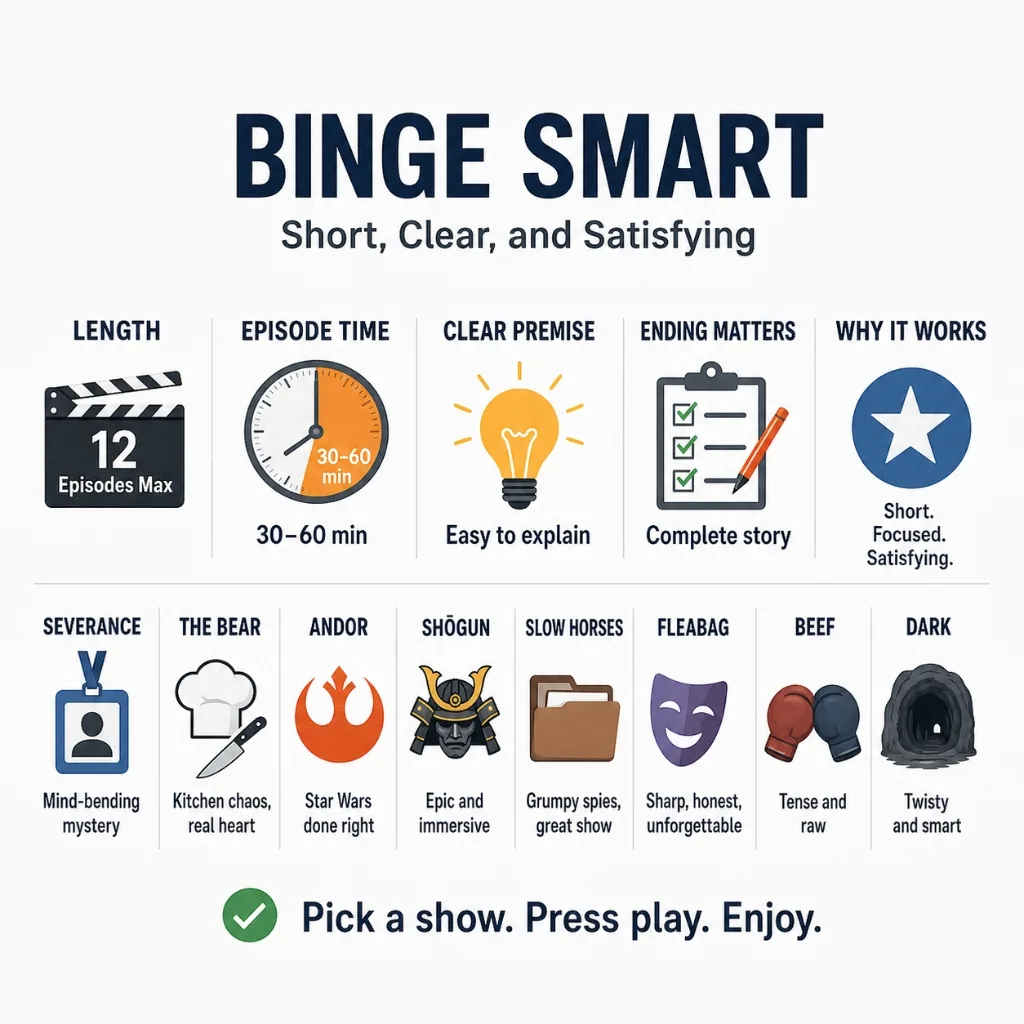 An infographic titled Binge Smart - Short, Clear, and Satisfying outlining length, episode time, clear premise, ending matters, and recommended shows.