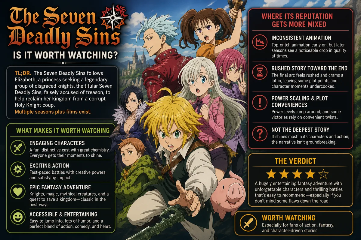 The Seven Deadly Sins cover art of Meliodas, Elizabeth, and the full ensemble cast before a castle backdrop, titled Is It Worth Watching.