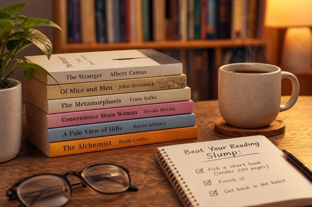 A cozy reading desk with a stack of short books including The Stranger, Of Mice and Men, The Metamorphosis, Convenience Store Woman, A Pale View of Hills, and The Alchemist alongside a notebook checklist titled Beat Your Reading Slump.