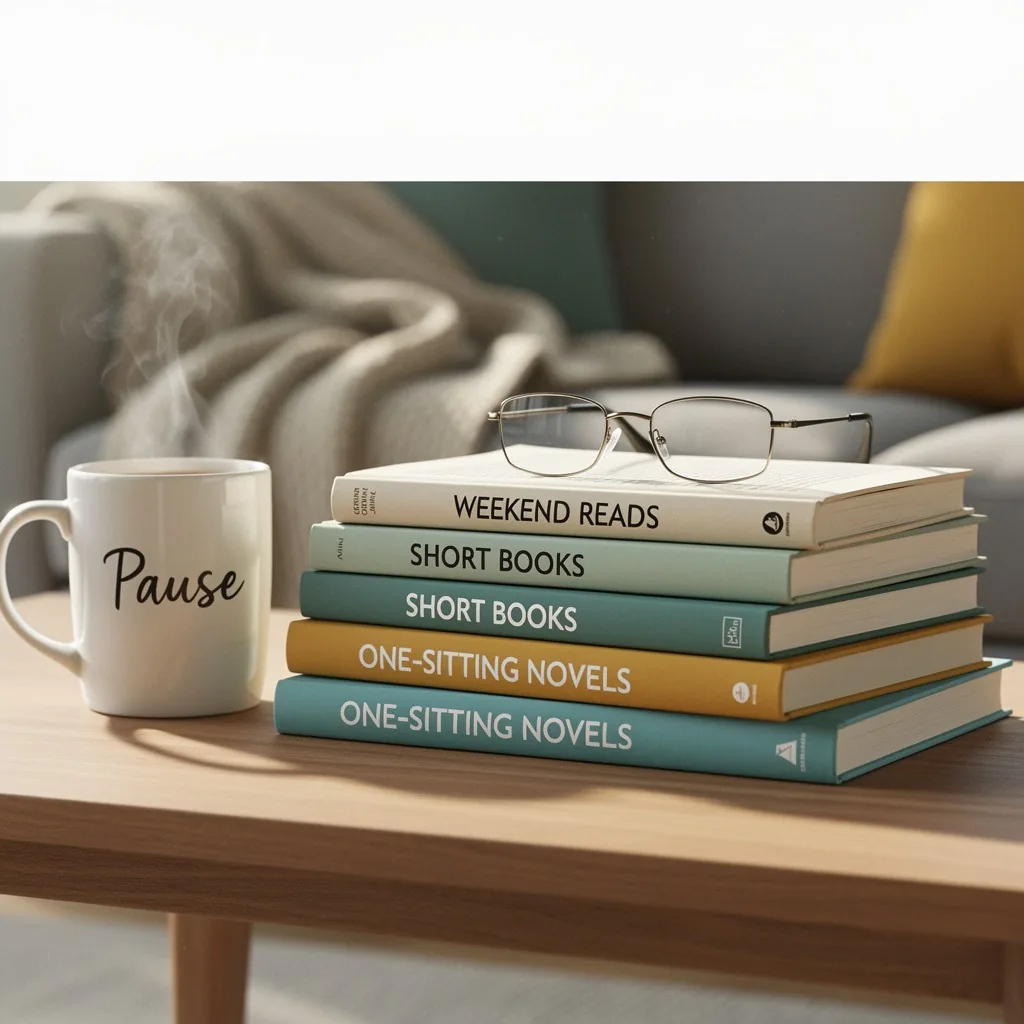 A stack of books labeled Weekend Reads, Short Books, and One-Sitting Novels next to a mug on a table.