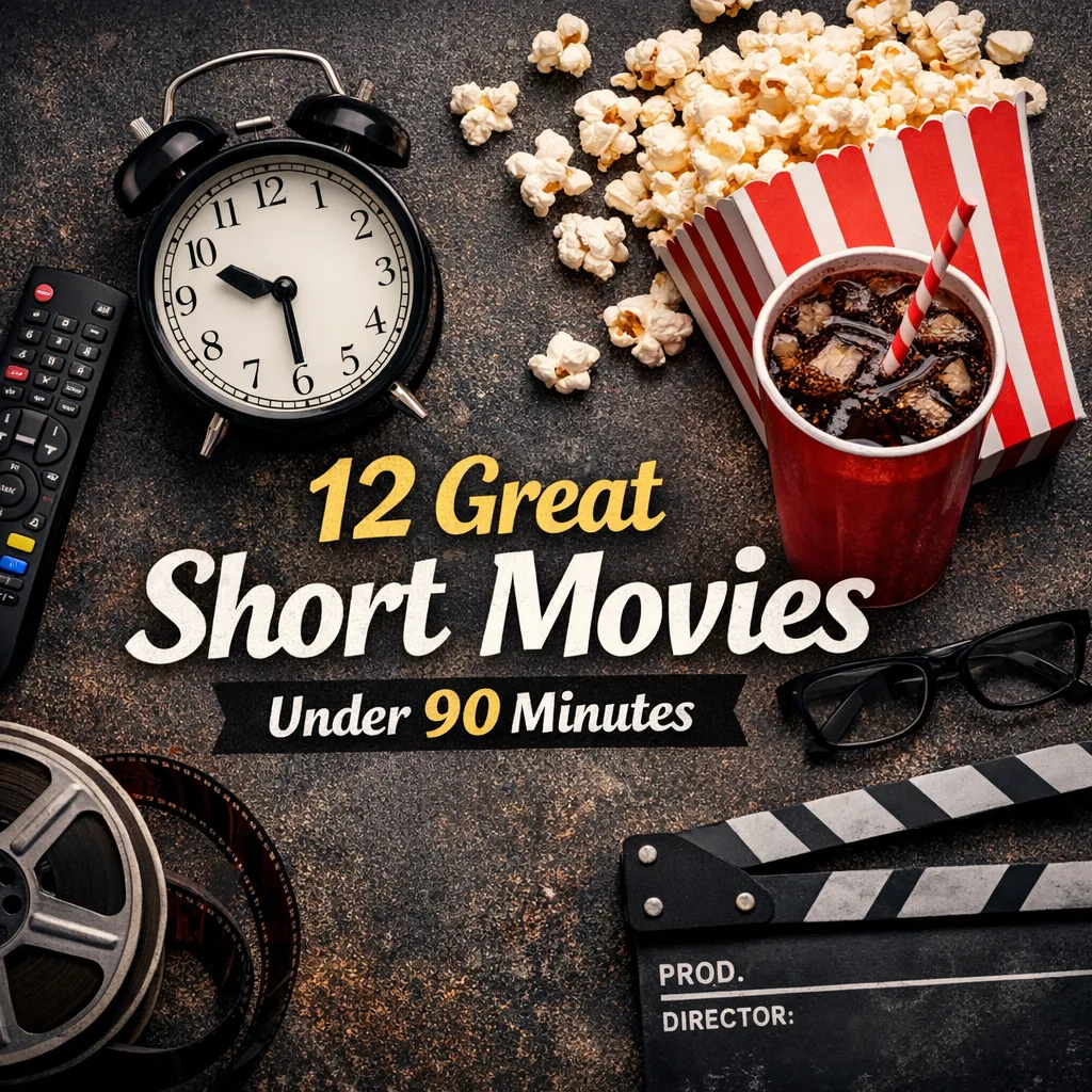 A flat-lay of movie night items on a dark textured surface: an alarm clock showing 9:27, a box of popcorn, a red cup of soda with a striped straw, a TV remote, a film reel, a clapperboard and reading glasses. Overlaid text reads 12 Great Short Movies Under 90 Minutes.