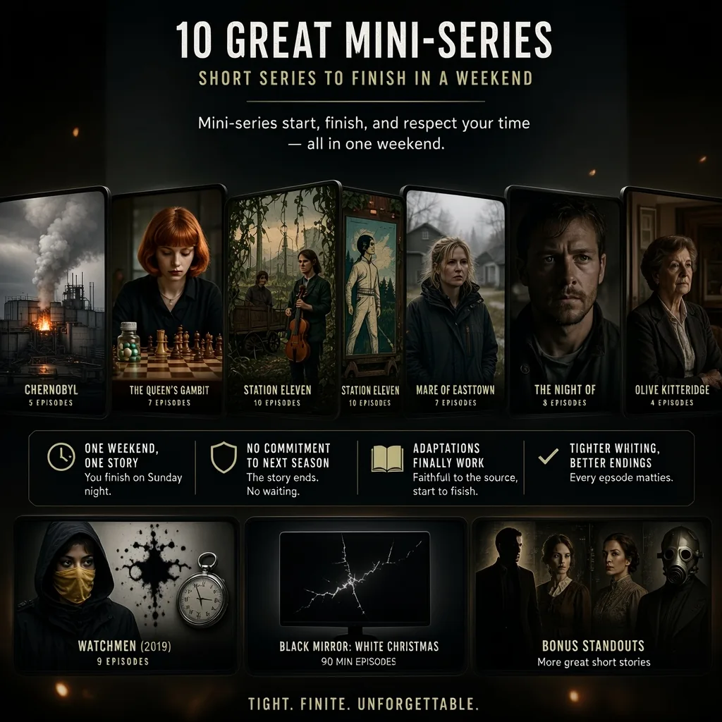 A graphic titled 10 Great Mini-Series: Short series to finish in a weekend featuring cards for Chernobyl, The Queen's Gambit, Station Eleven, Mare of Easttown, The Night Of, Olive Kitteridge, Watchmen, and Black Mirror.